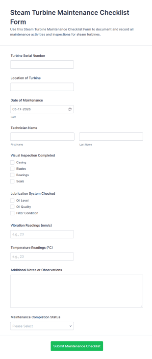 Steam Turbine Maintenance Checklist Form Template