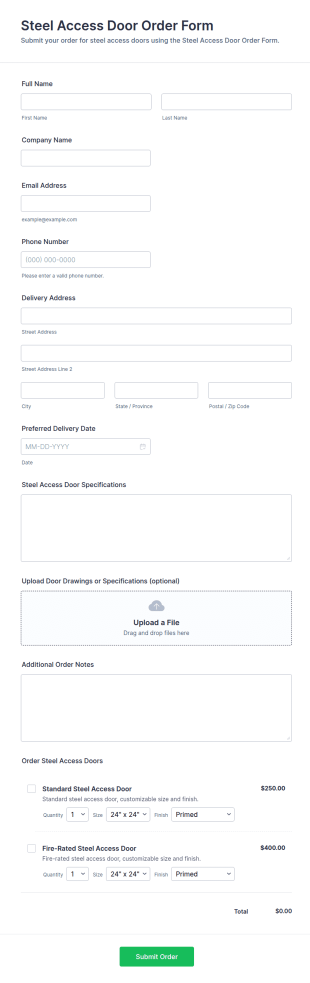 Steel Access Door Order Form Template