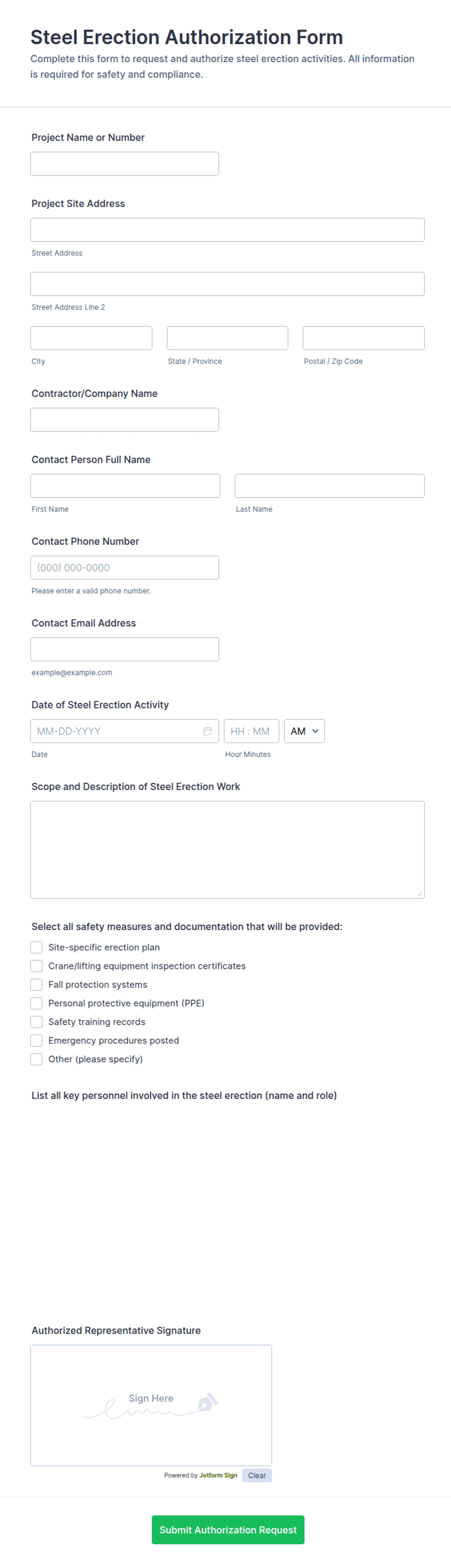 Steel Erection Authorization Form Template | Jotform