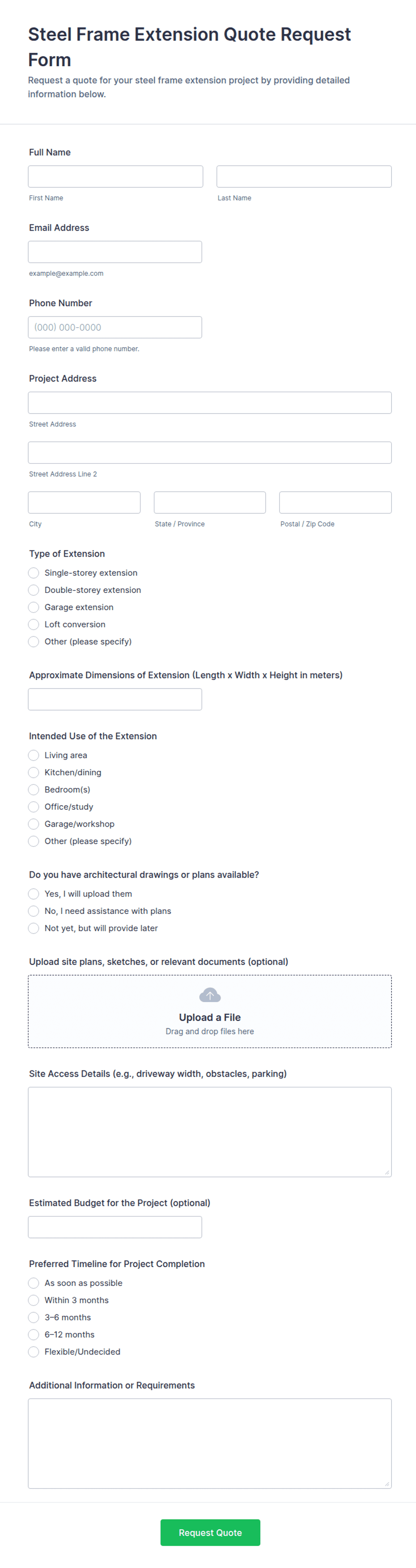 Steel Frame Extension Quote Request Form Template | Jotform