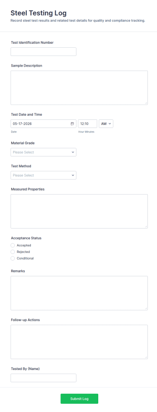 Steel Testing Log Form Template