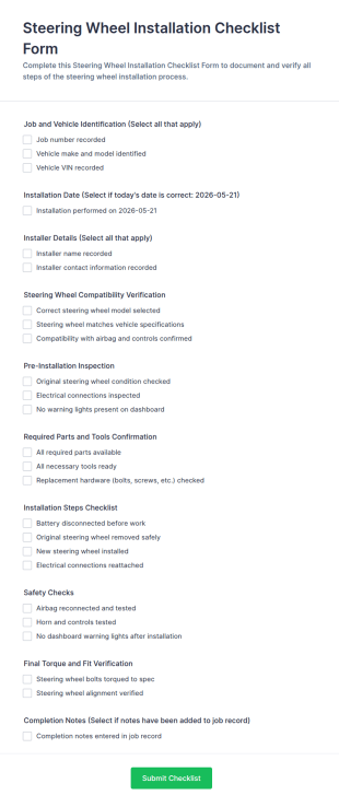 Steering Wheel Installation Checklist Form Template