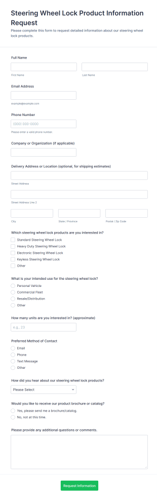 Steering Wheel Lock Product Information Request Form Template