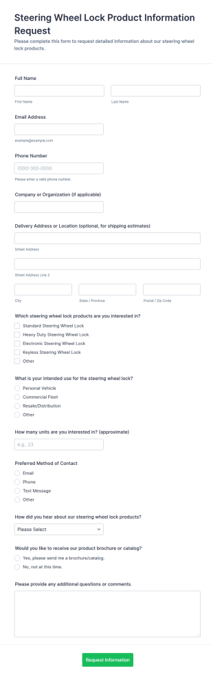Steering Wheel Lock Product Information Request Form Template