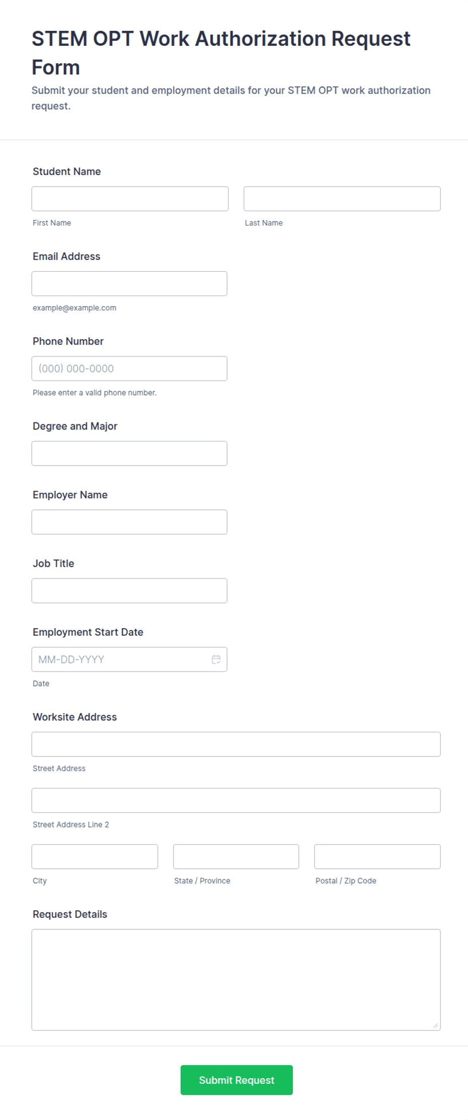 STEM OPT Work Authorization Request Form Template | Jotform
