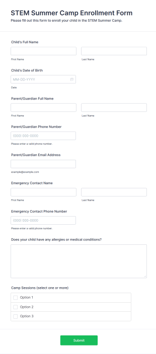 STEM Summer Camp Enrollment Form Template