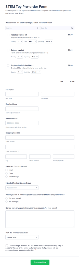 STEM Toy Pre Order Form Template