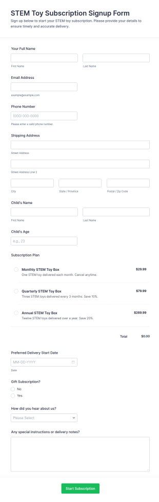 STEM Toy Subscription Signup Form Template