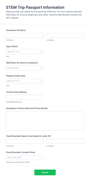 STEM Trip Passport Information Form Template