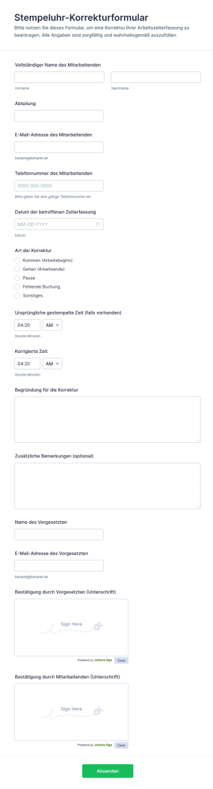 Stempeluhr Korrekturformular