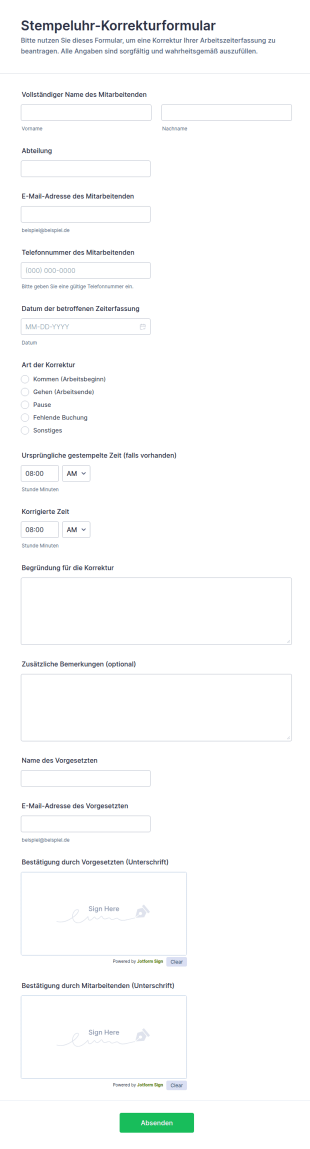 Stempeluhr Korrekturformular