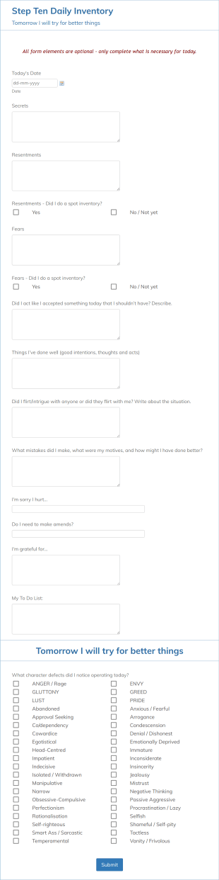 Step Ten Daily Inventory Form Template