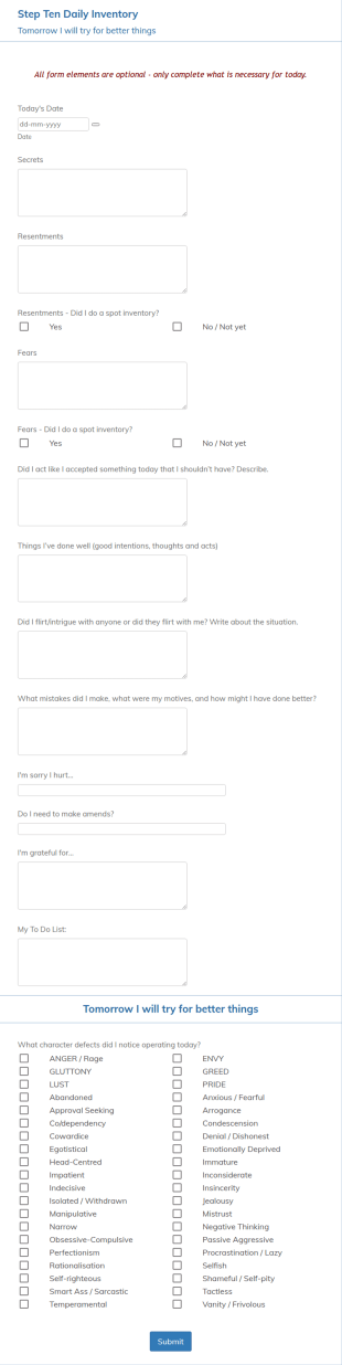 Step Ten Daily Inventory Form Template