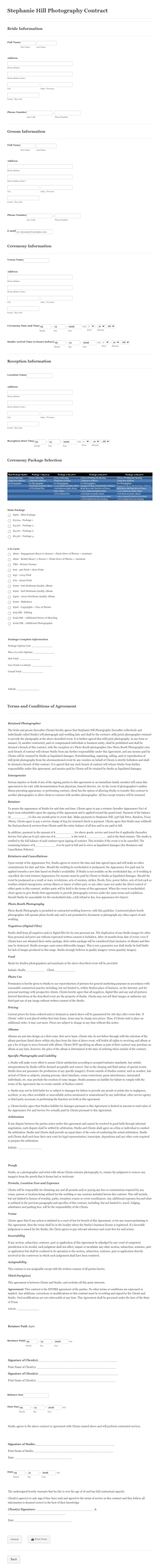 Standard Wedding Photography Contract Form Template