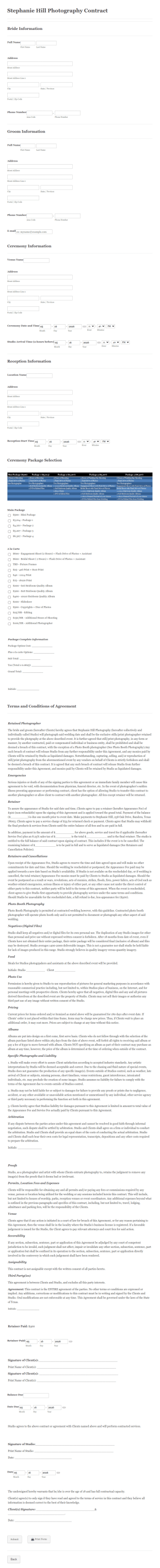 Standard Wedding Photography Contract Form Template