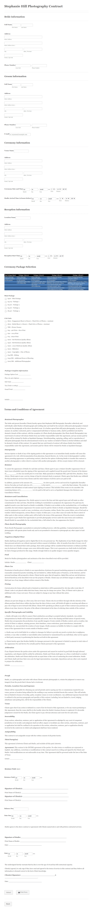 Standard Wedding Photography Contract Form Template
