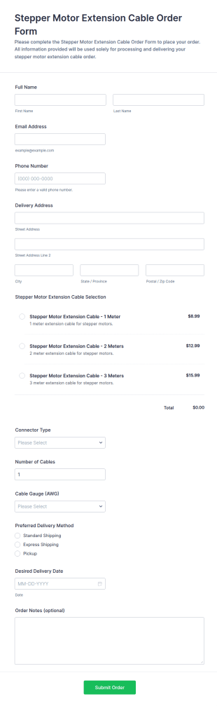 Stepper Motor Extension Cable Order Form Template