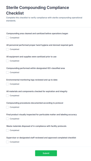 Sterile Compounding Compliance Checklist Form Template