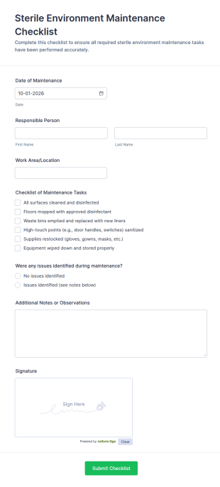 Sterile Environment Maintenance Checklist Form Template