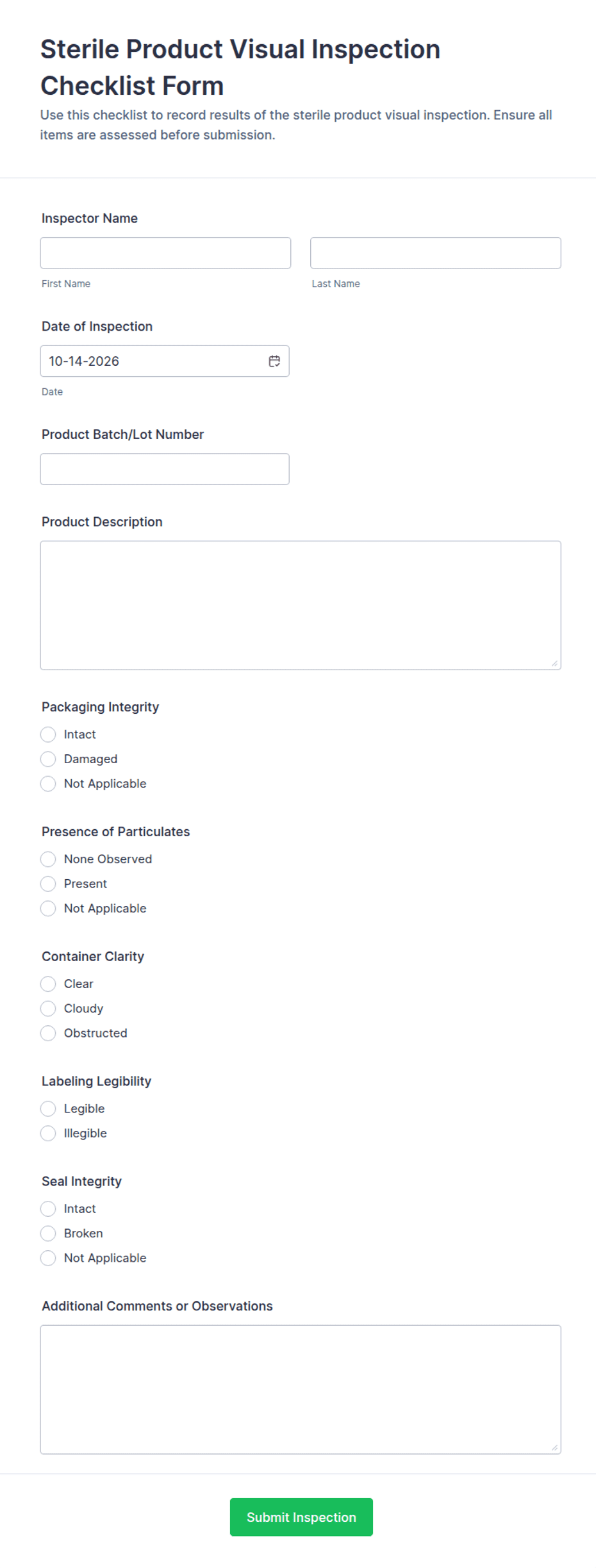 Visual Inspction Sterile Product Visual Inspection Checklist Form Template | Jotform