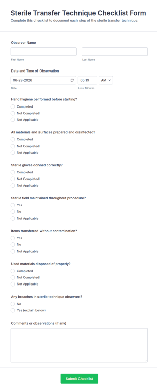 Sterile Transfer Technique Checklist Form Template