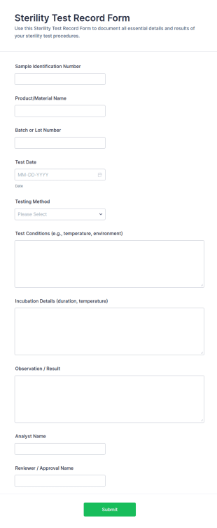 Sterility Test Record Form Template
