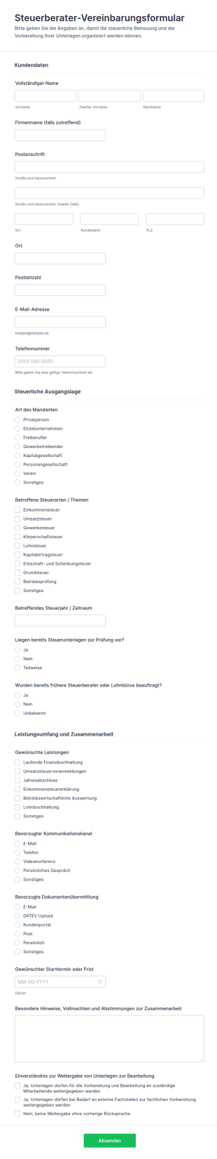 Steuerberatervereinbarung Formular