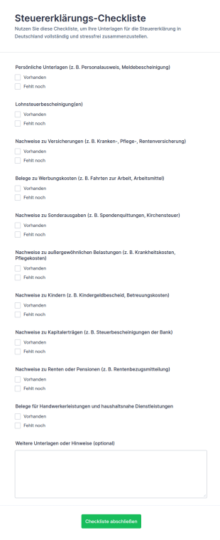Steuererklärungs Checkliste Formular