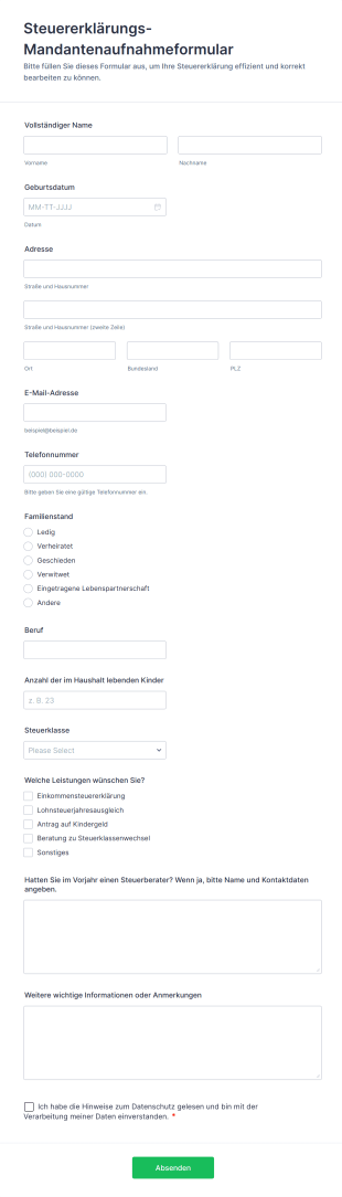 Mandantenaufnahmeformular Für Die Steuererklärung
