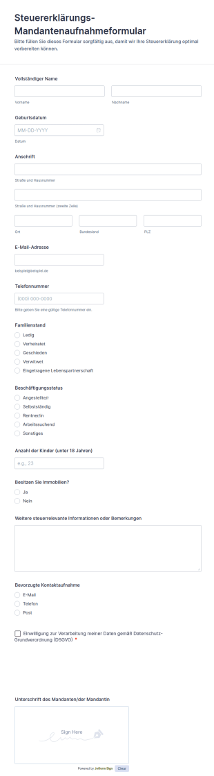 Mandantenaufnahmeformular Für Die Steuererklärung
