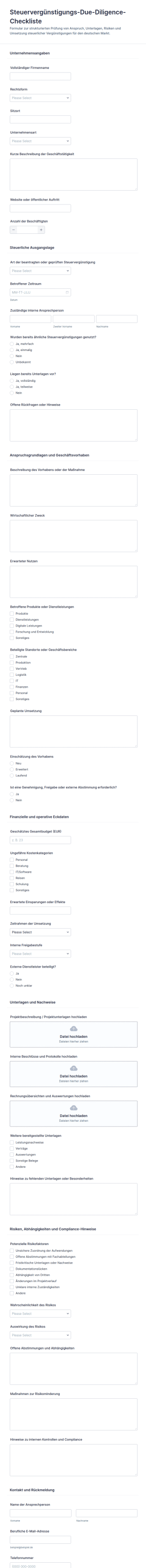 Steuerliche Fördermittel Sorgfaltsprüfung Fragebogen