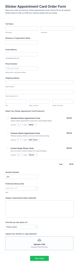 Sticker Appointment Card Order Form Template