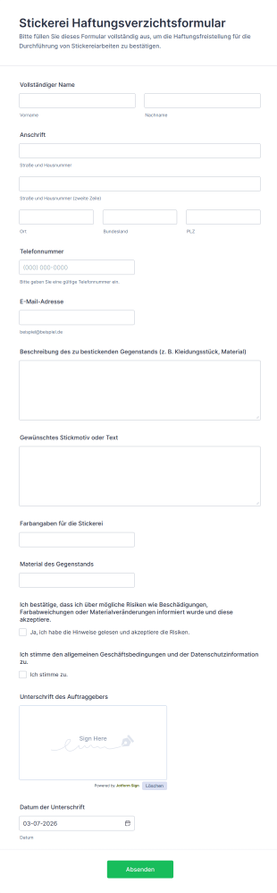 Stickerei Haftungsverzichtsformular