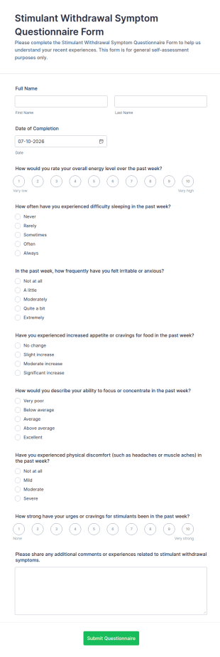 Stimulant Withdrawal Symptom Questionnaire Form Template