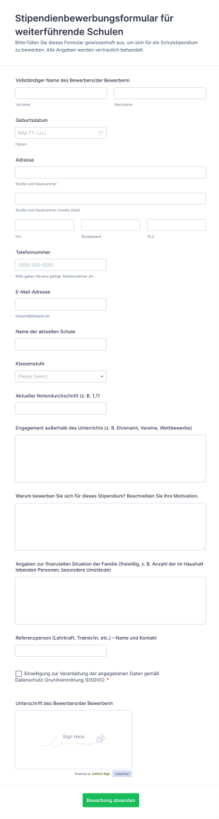 Stipendienbewerbungsformular Für Weiterführende Schulen