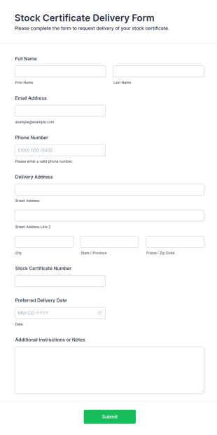 Stock Certificate Delivery Form Template
