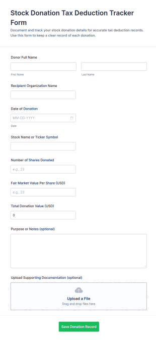 Stock Donation Tax Deduction Tracker Form Template