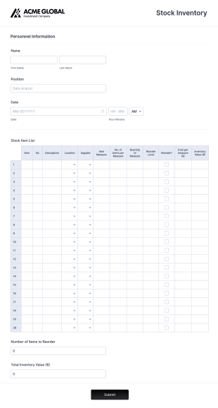 Stock Inventory Form Template
