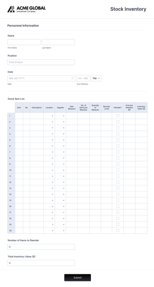 Stock Inventory Form Template