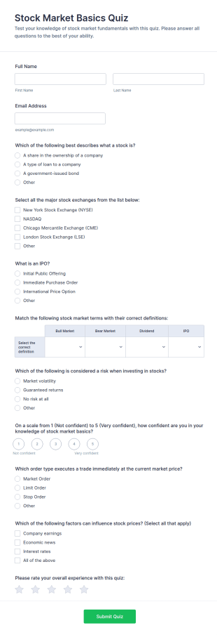 Stock Market Basics Quiz Form Template