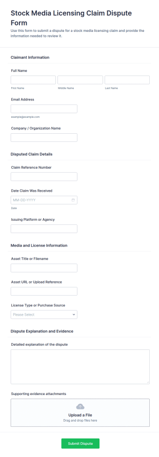 Stock Media Licensing Claim Dispute Form Template