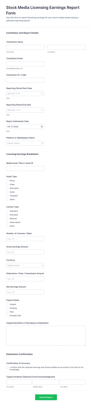 Stock Media Licensing Earnings Report Form Template