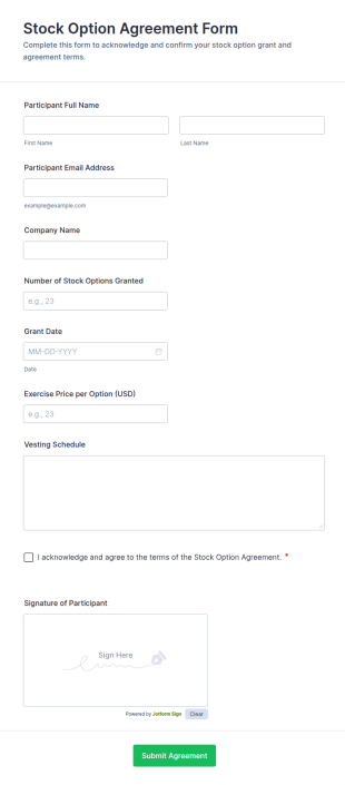 Stock Option Agreement Form Template