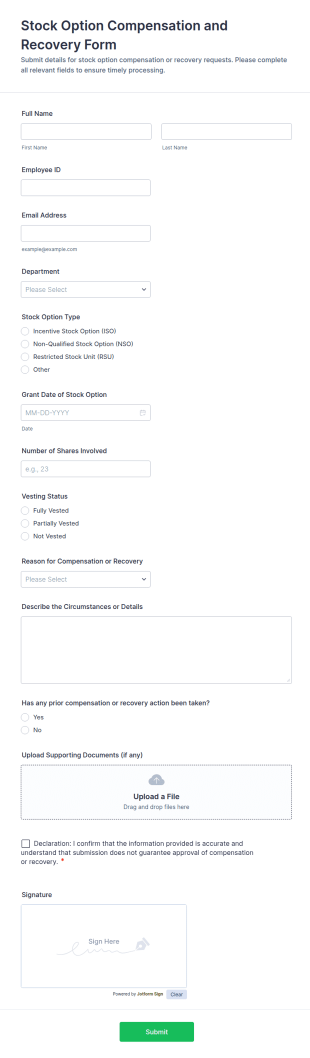 Stock Option Compensation And Recovery Form Template