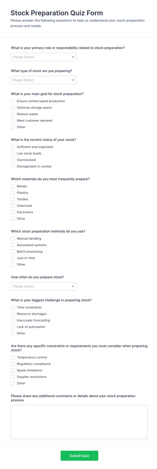 Stock Preparation Quiz Form Template
