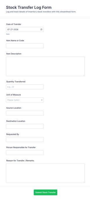 Stock Transfer Log Form Template