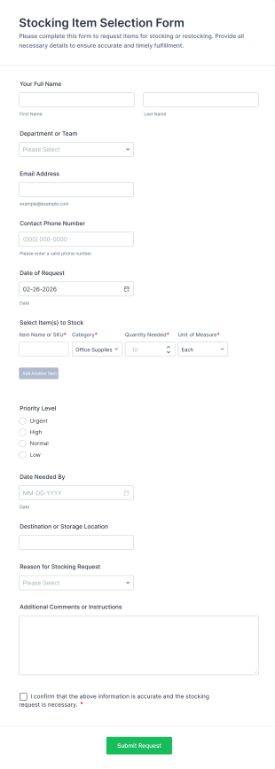 Stocking Item Selection Form Template