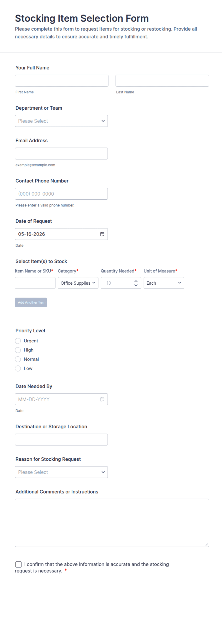 Stocking Item Selection Form Template | Jotform