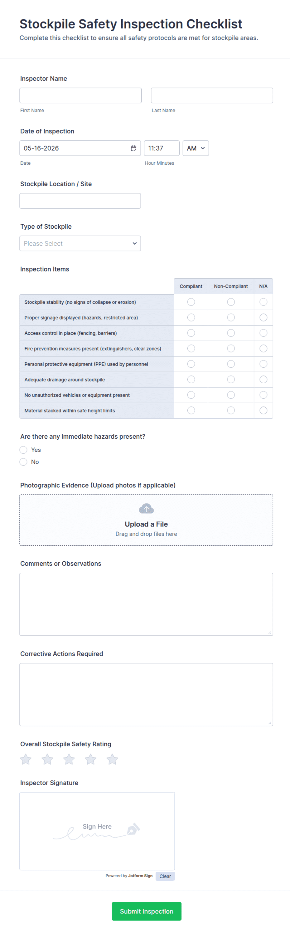 Stockpile Safety Inspection Checklist Form Template | Jotform