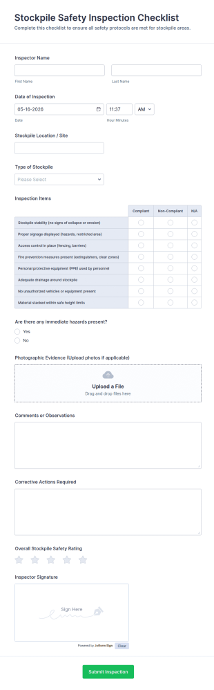 Stockpile Safety Inspection Checklist Form Template